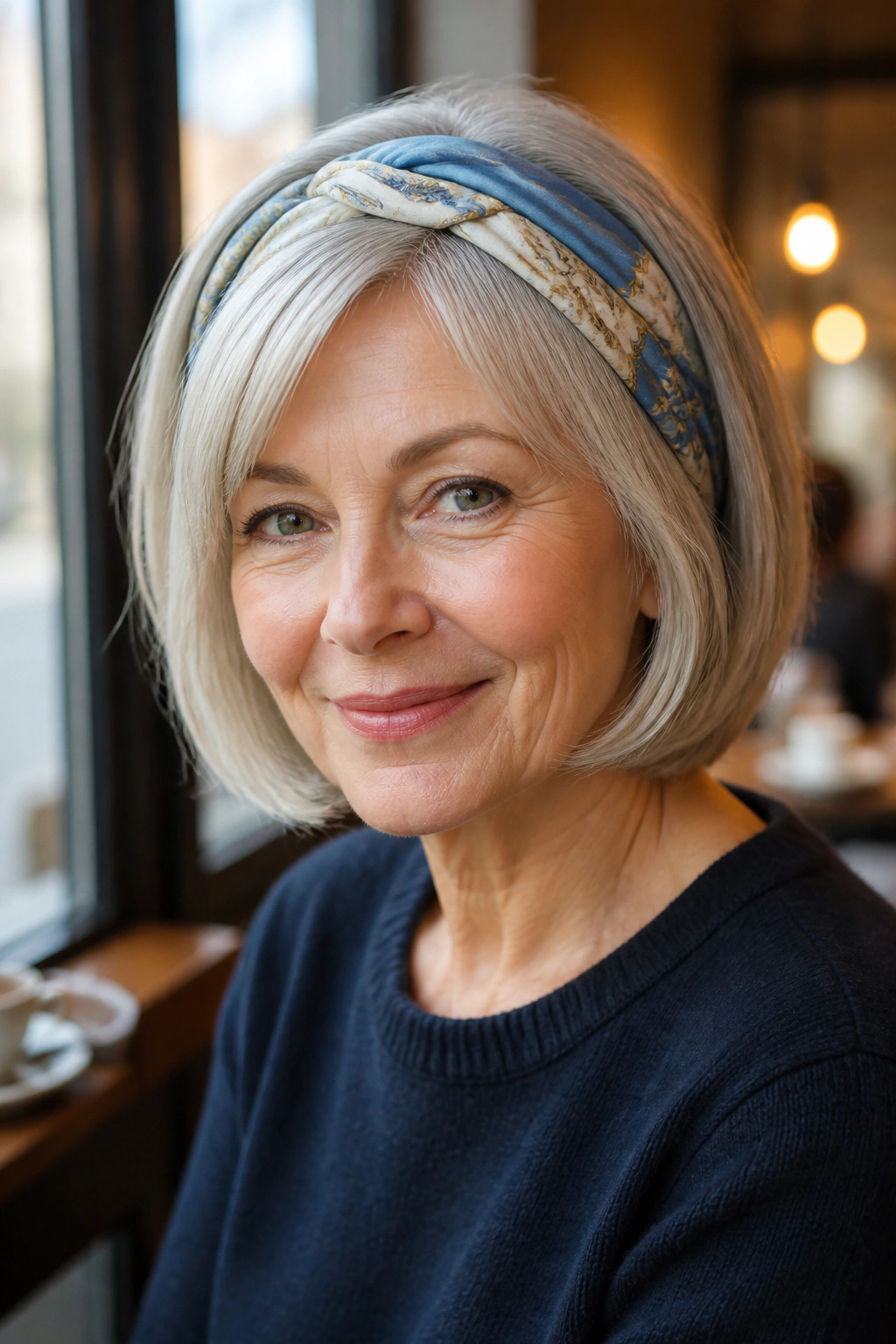 Real woman with bob haircut and scarf headband.