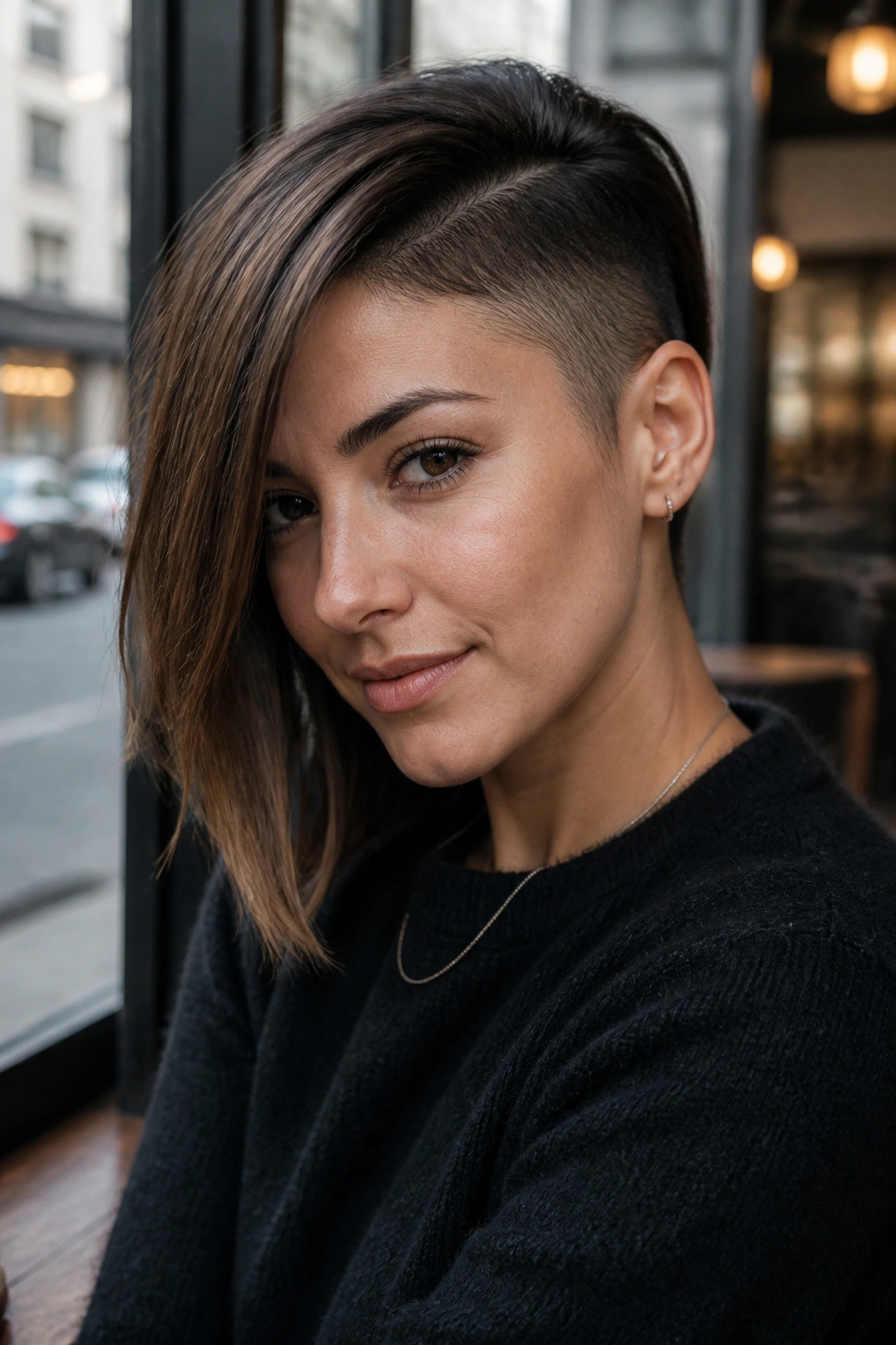 Close-up portrait of a real woman with an asymmetrical bob and shaved side