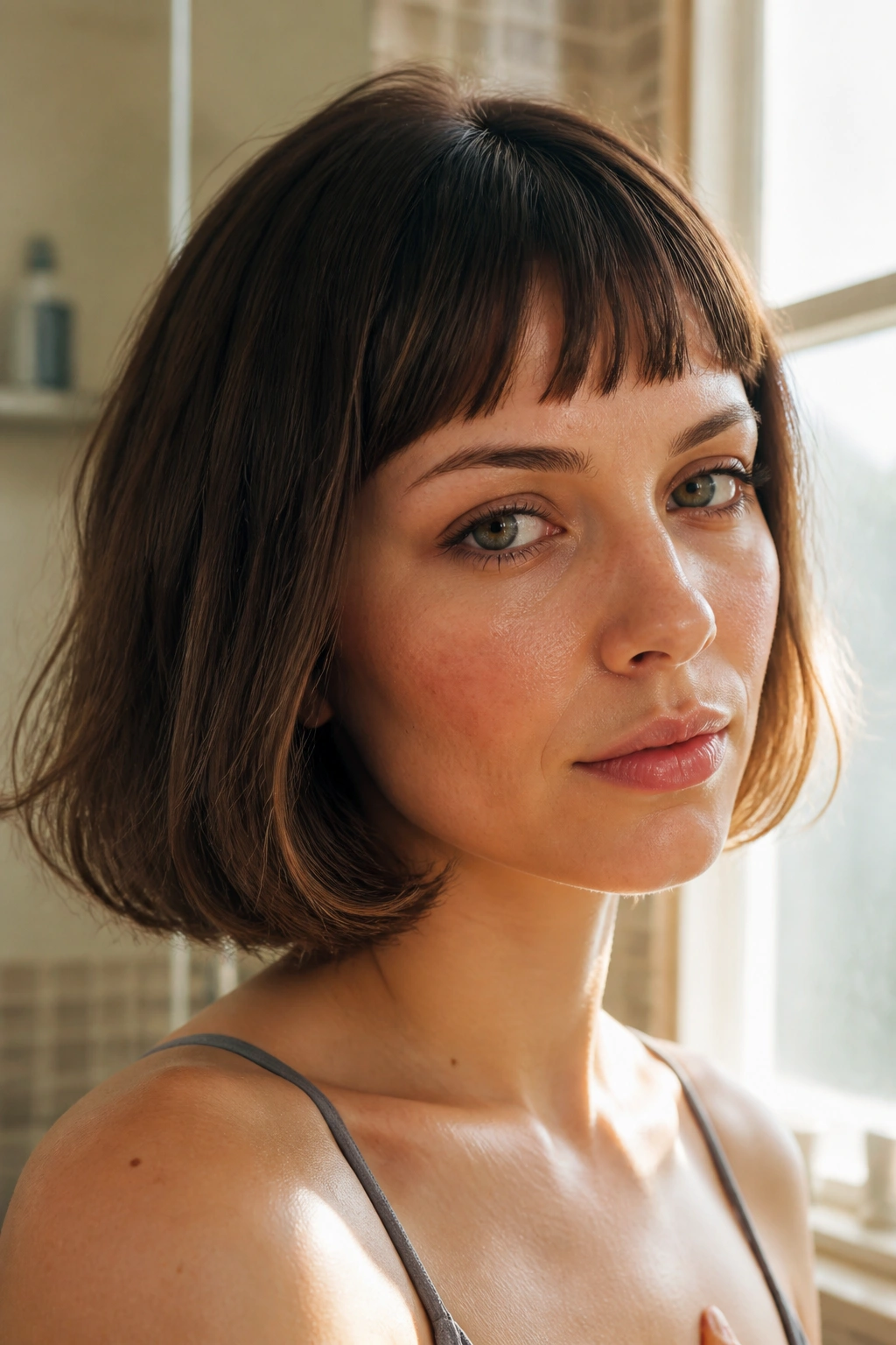 Close-up of a real woman with a Bob With Short Bangs and Soft Ends hairstyle in warm window light.