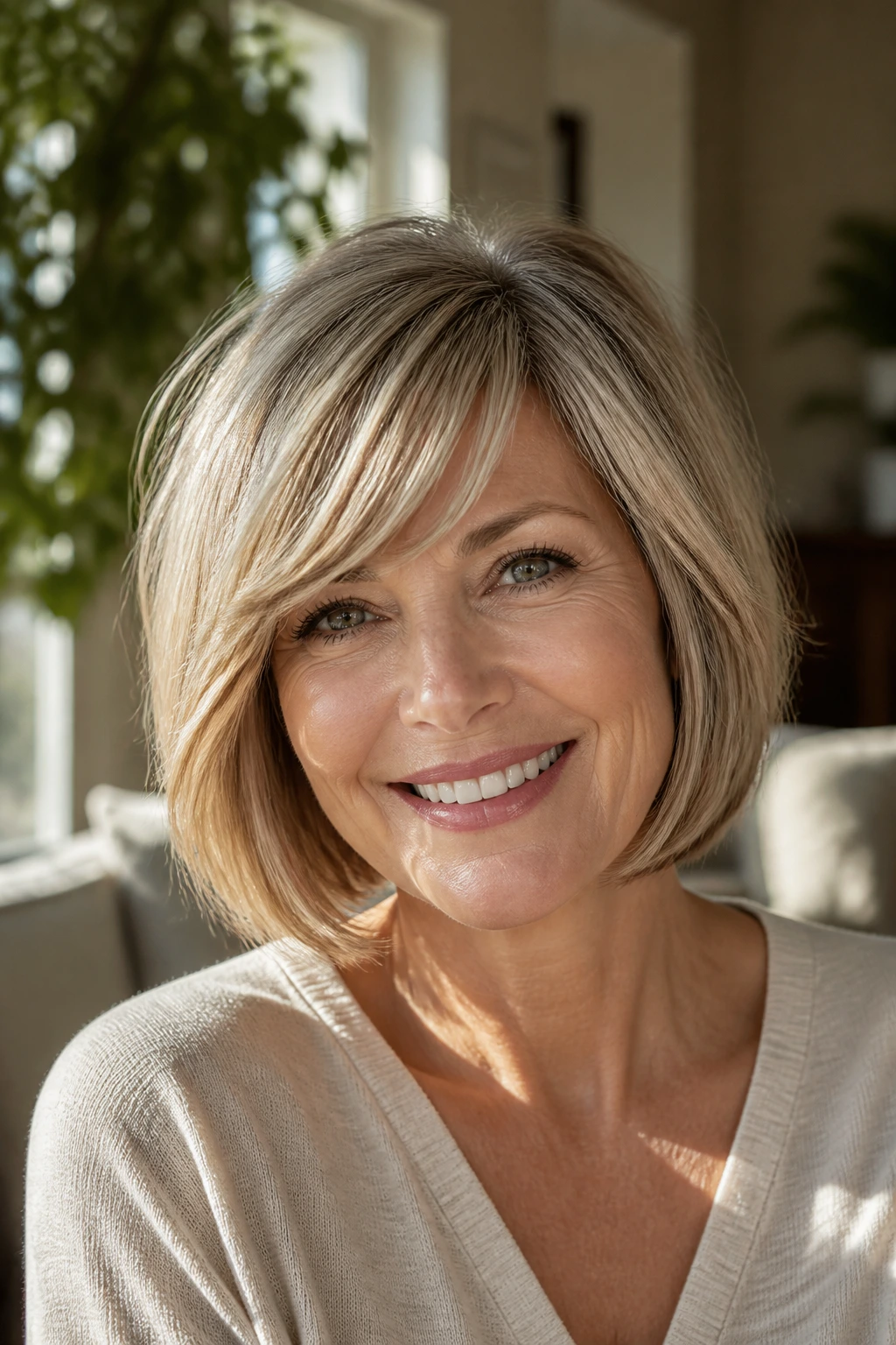 Portrait of a real woman with Bob with Side Bangs showing side-swept bangs integrated into the bob.