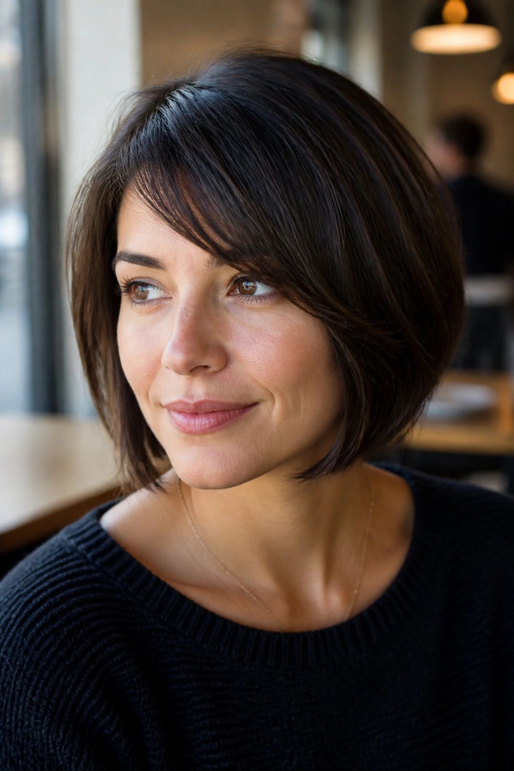Close-up portrait of a woman with a bob and side-swept bangs in warm window light