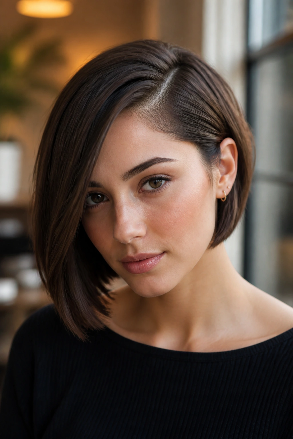 Close-up of a woman with a deep-part side-swept bob in soft indoor light