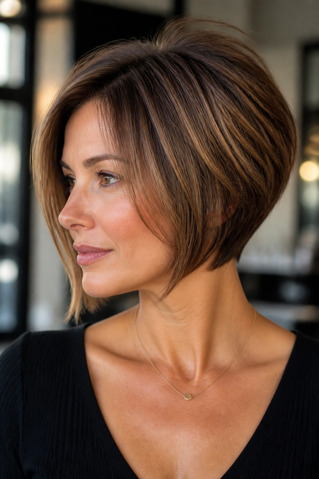 Close-up of a person with a tapered nape bob and crown lift.