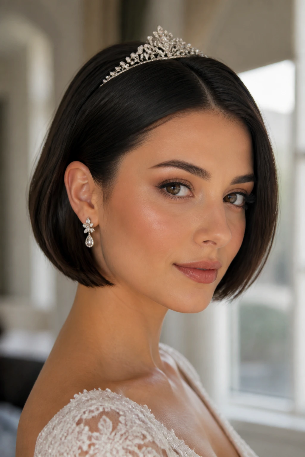 Bride with short bob wearing a mini tiara in soft bridal suite