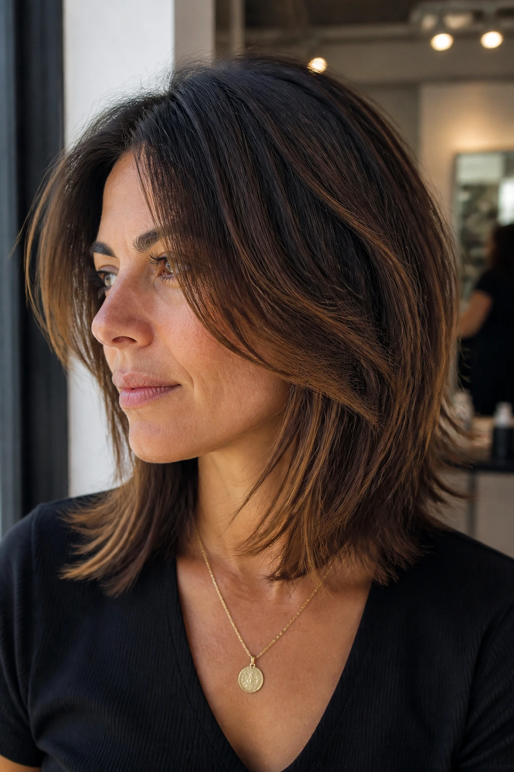 Close-up portrait of a real woman growing out a bob with long front pieces and soft internal layers
