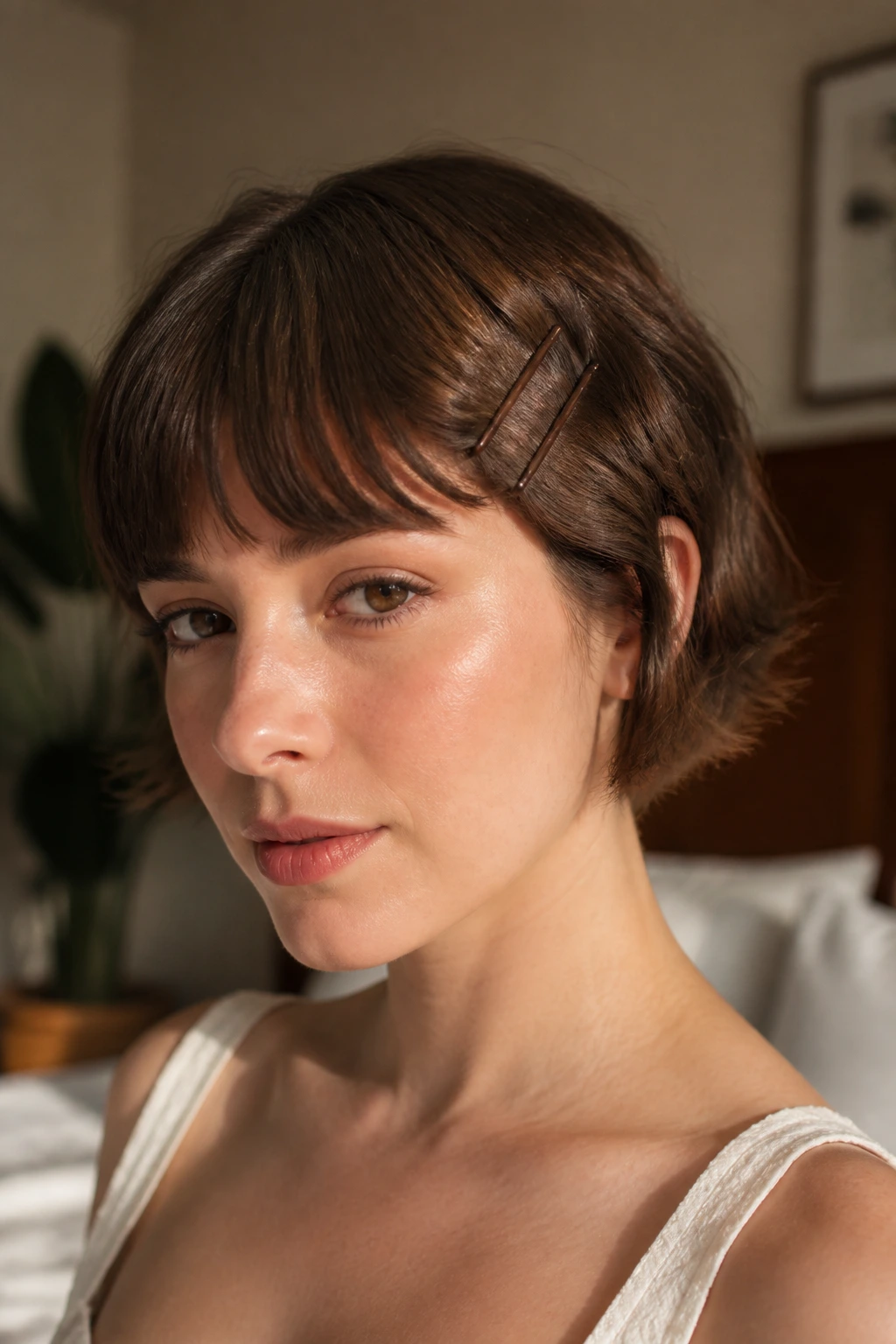 Close-up of a real woman with short bangs showing a bobby pin wave hairstyle
