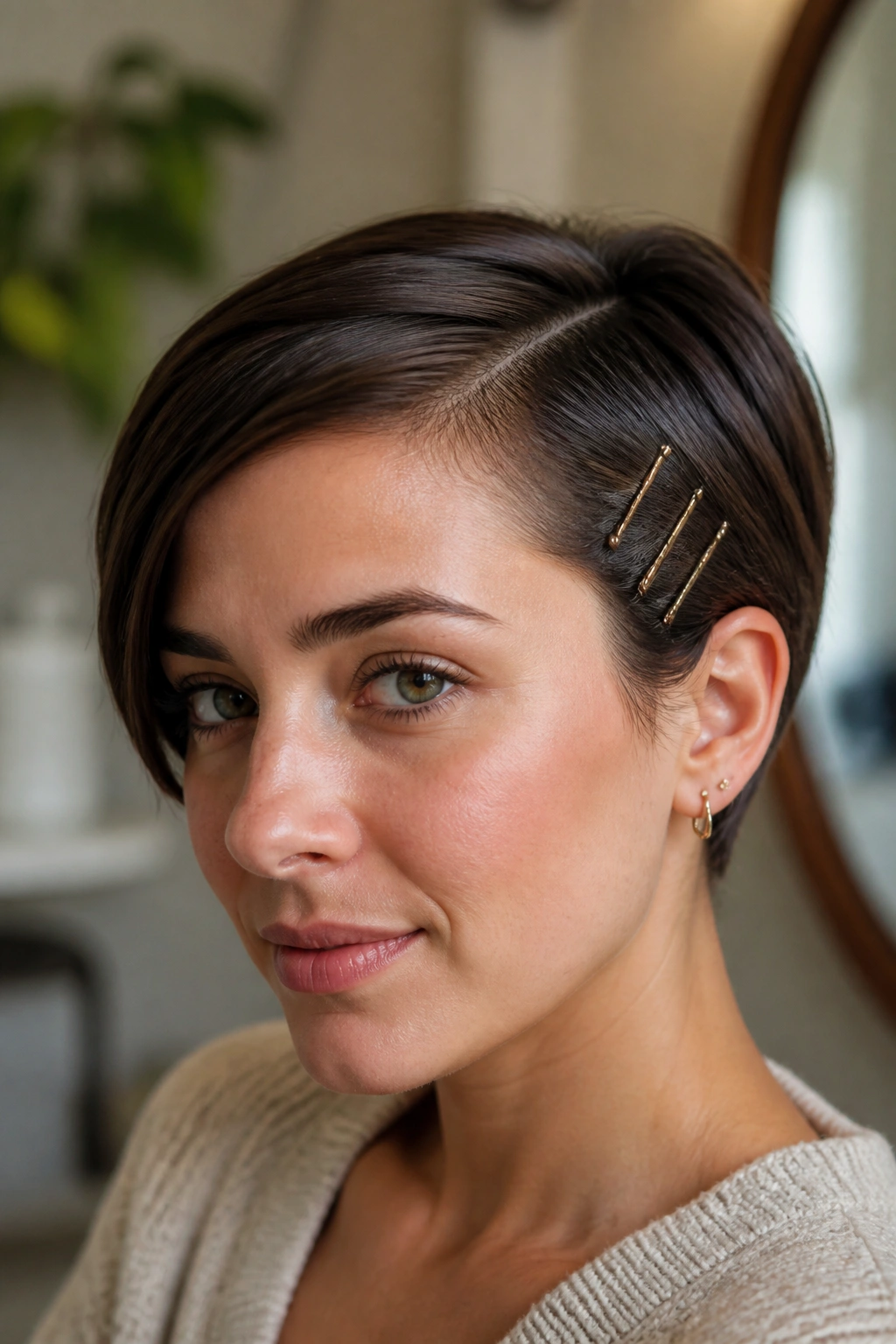 Close-up of a real woman with a short haircut, side-swept front pinned with bobby pins