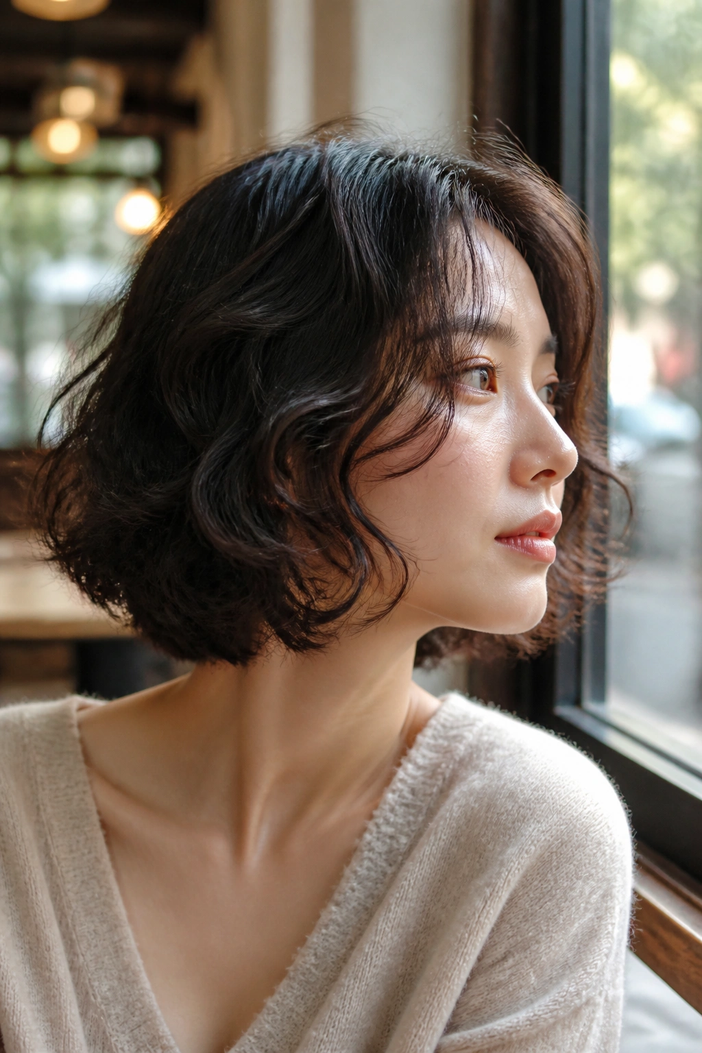 Close-up portrait of a real woman with loose body-wave bob perm and airy waves