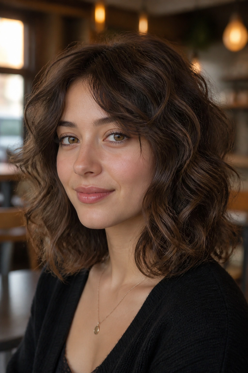 Portrait of a real woman with shoulder-grazing body wave shag perm.