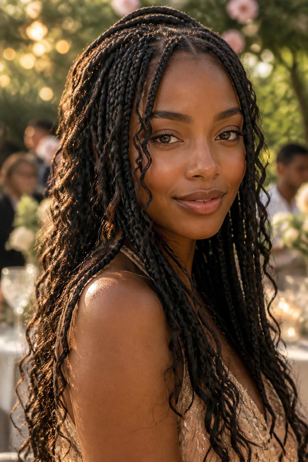Close-up of woman with box braids and loose curls in garden light