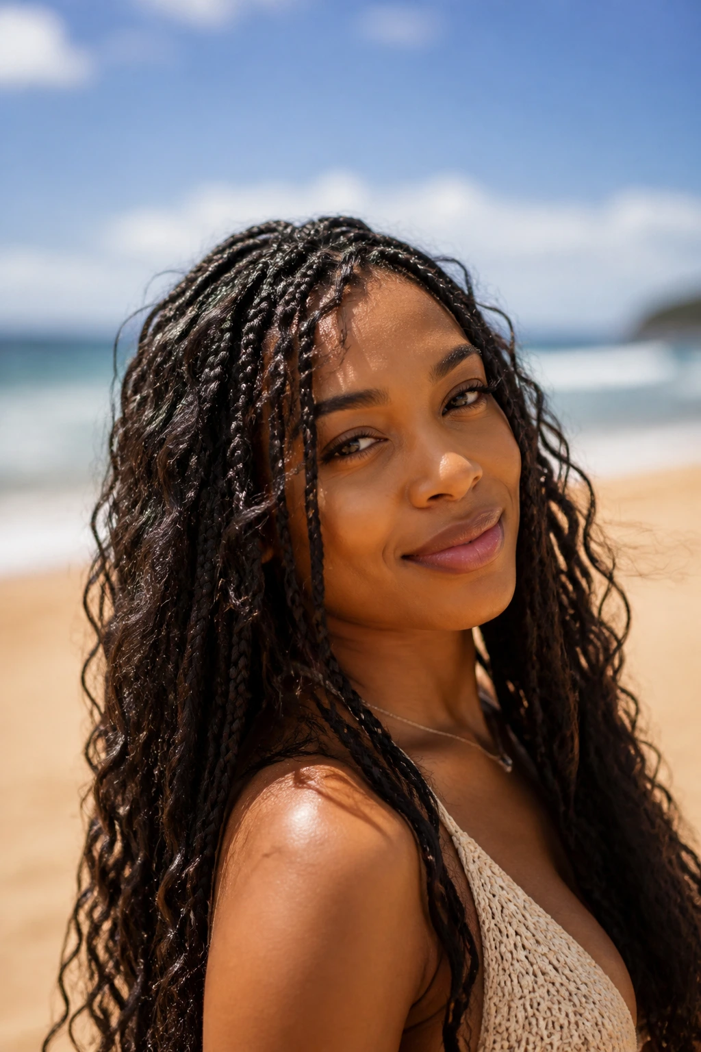 Portrait of a woman with bohemian box braids featuring loose waves along the braids