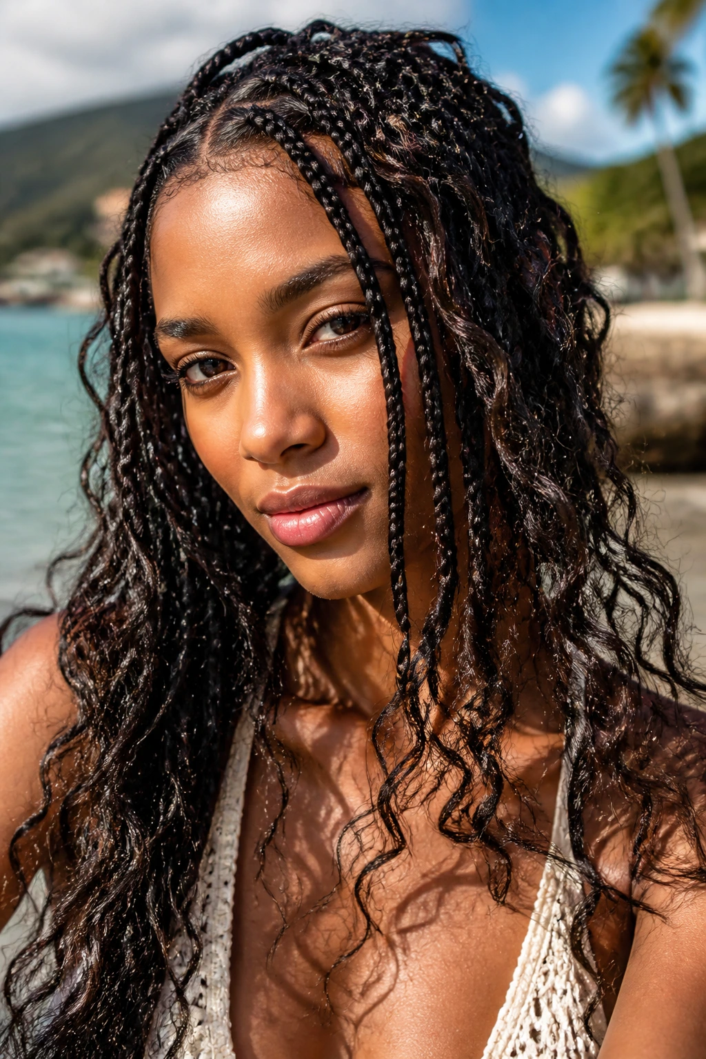Close-up of a real person with Bohemian braids and curly ends