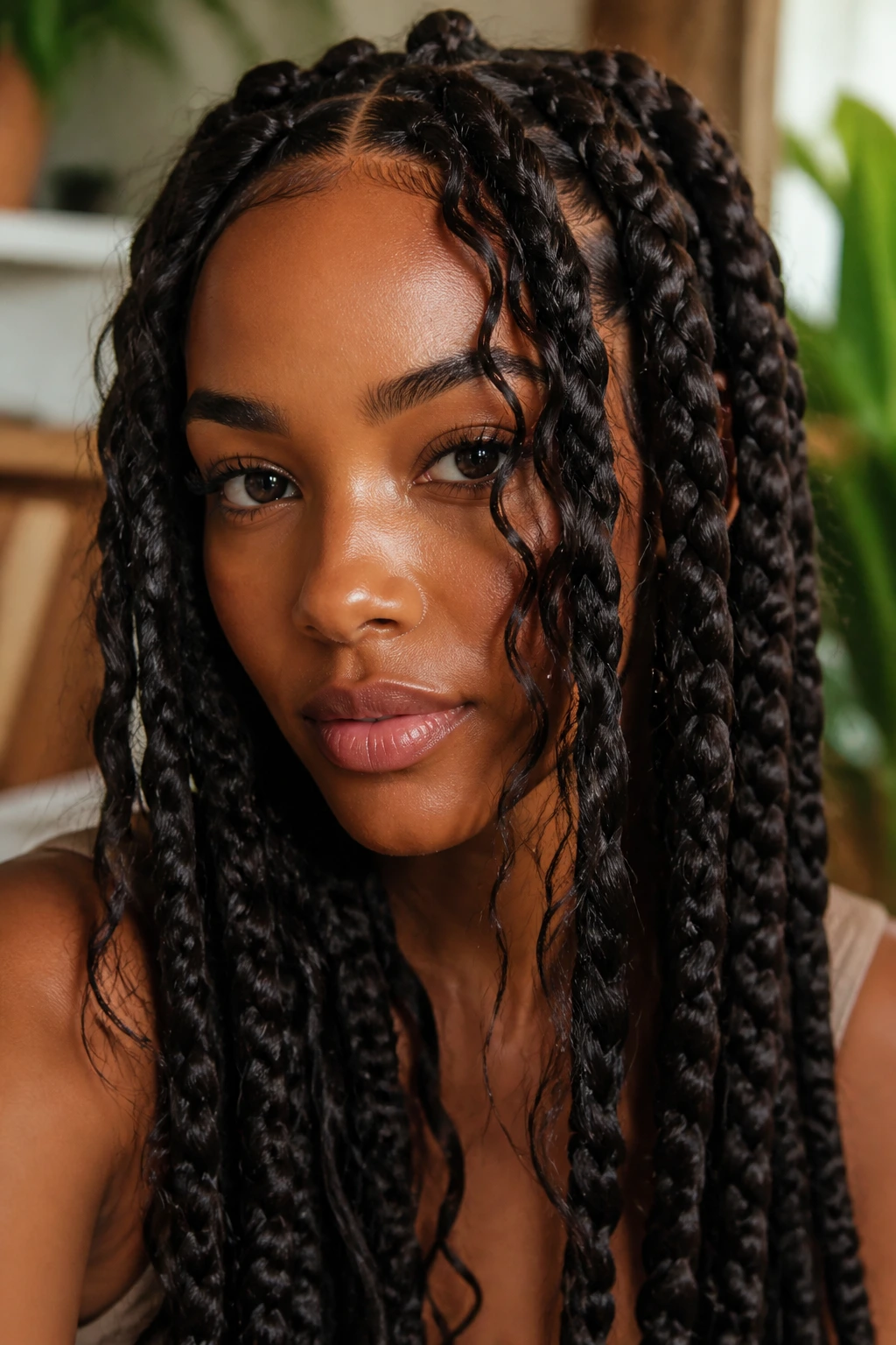 Close-up portrait of thick bohemian braids with wispy curls on a real person