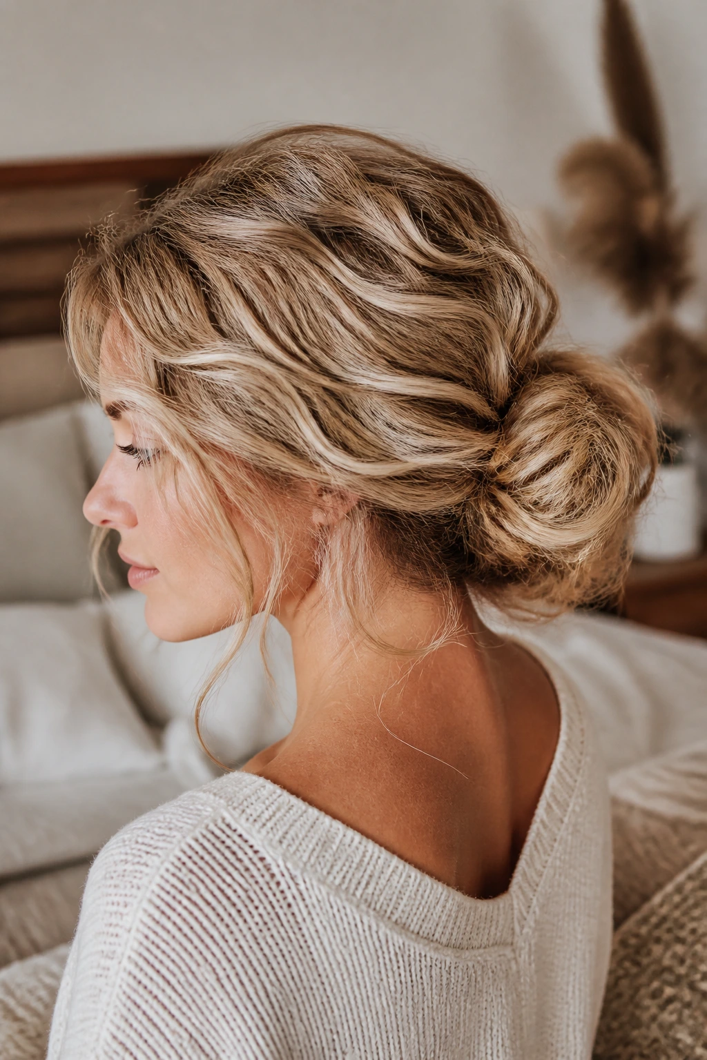 Close-up of a real woman with soft bohemian waves gathered into a loose bun