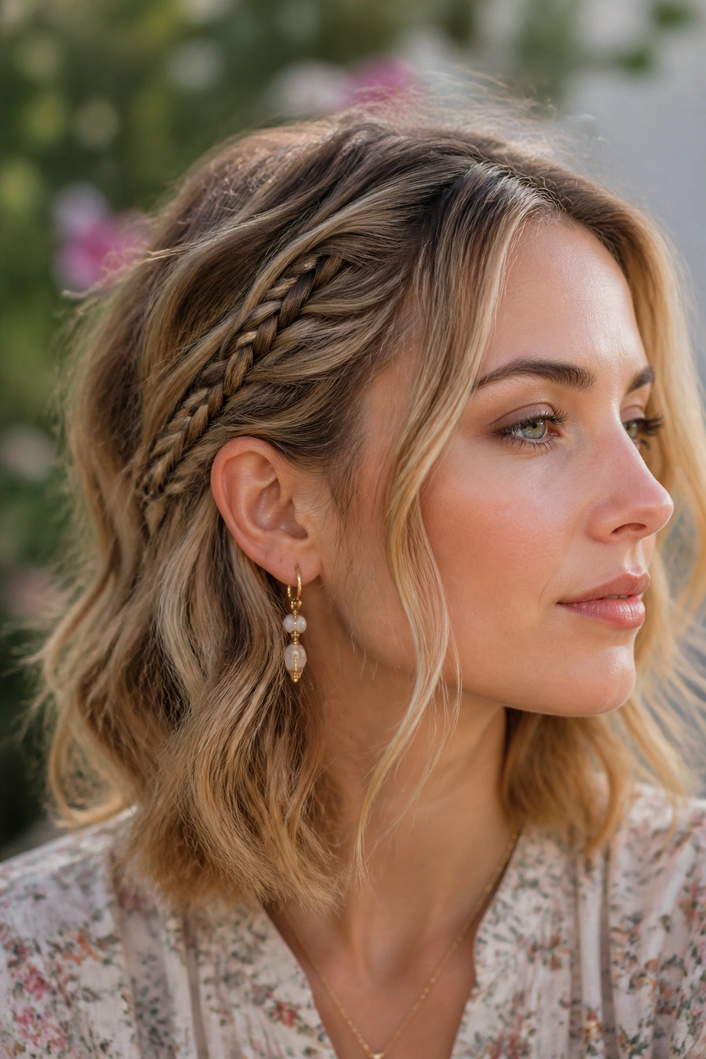 Portrait of a person with a boho accent braid in loose waves