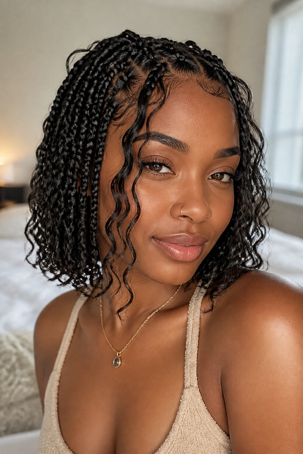 Close-up of real woman with boho bob braids and loose pieces, soft natural light