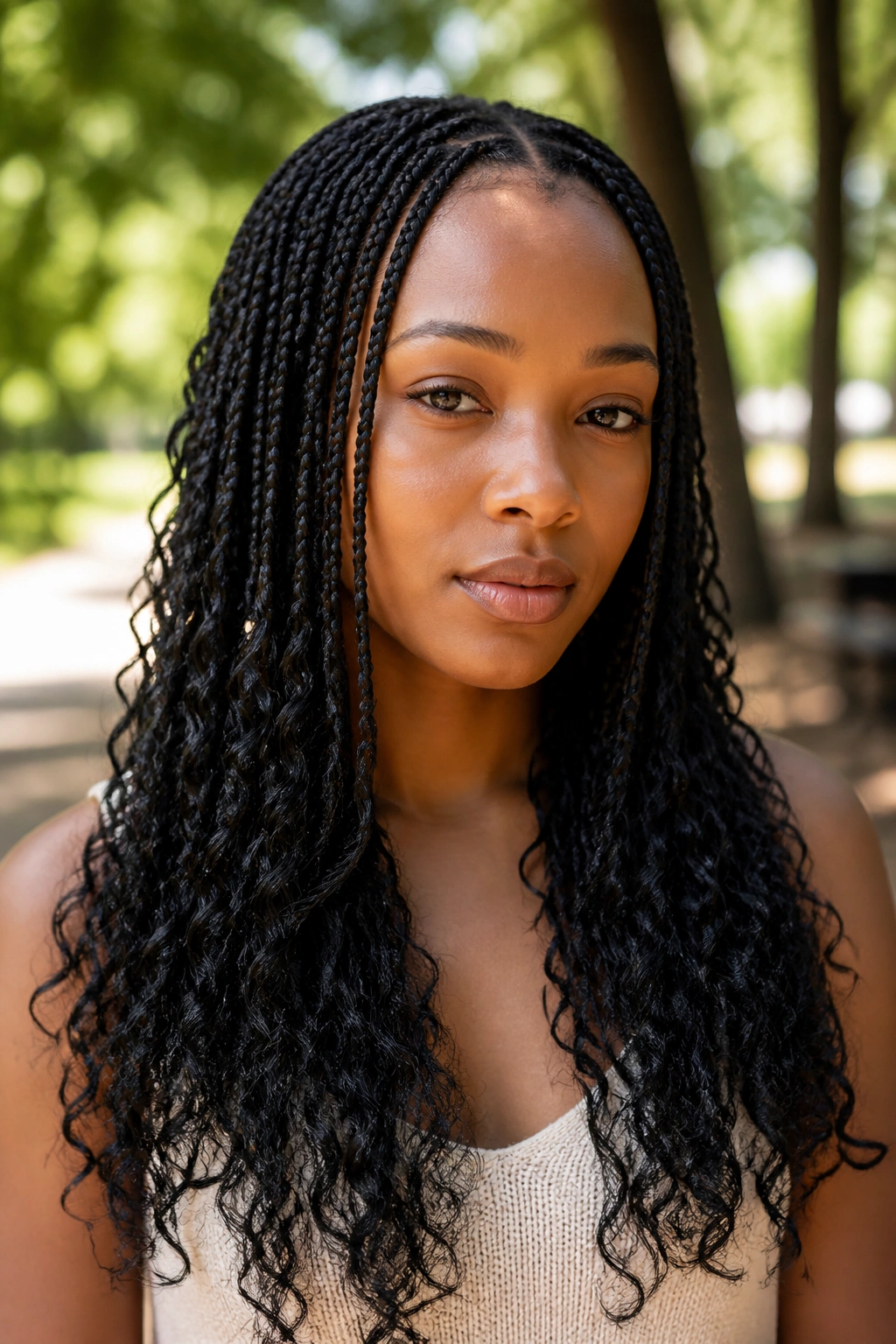 Close-up of a woman with boho box braids and curly ends
