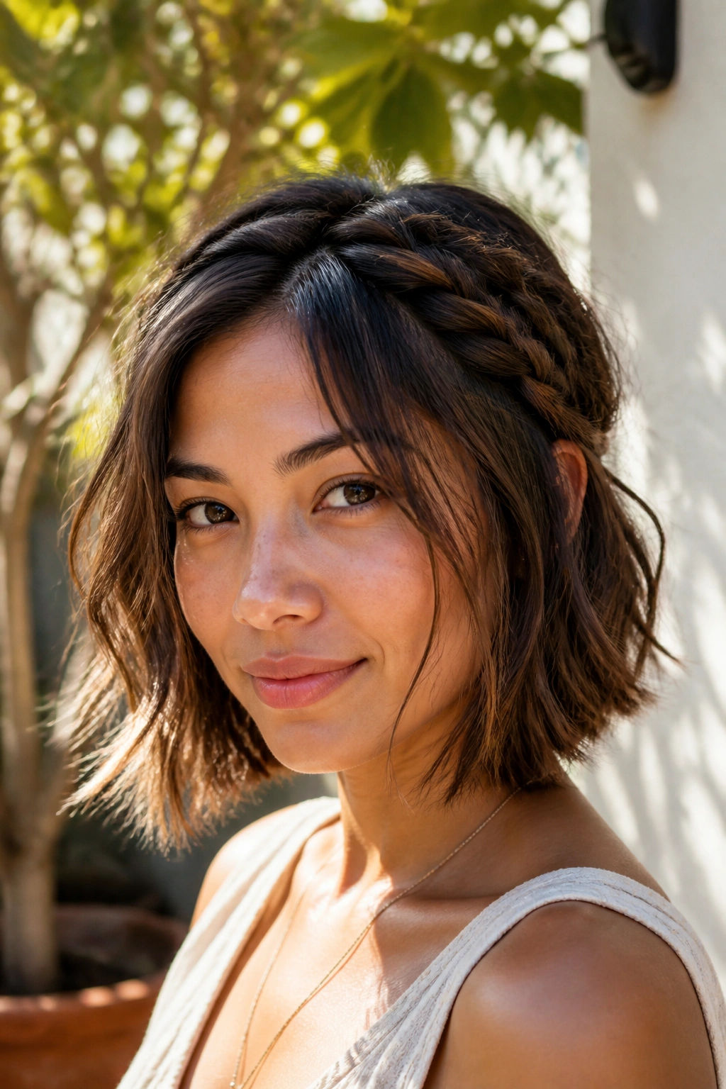 Real woman with boho braid and loose texture around the face on a bob