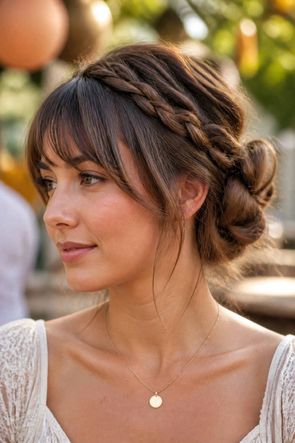 Close-up of a real woman with a boho braided bun and soft fringe in natural light