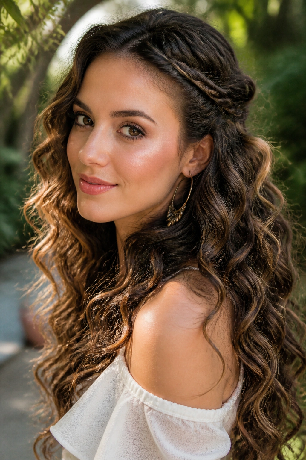 Close-up of a real woman with a boho braid and big curls outdoors
