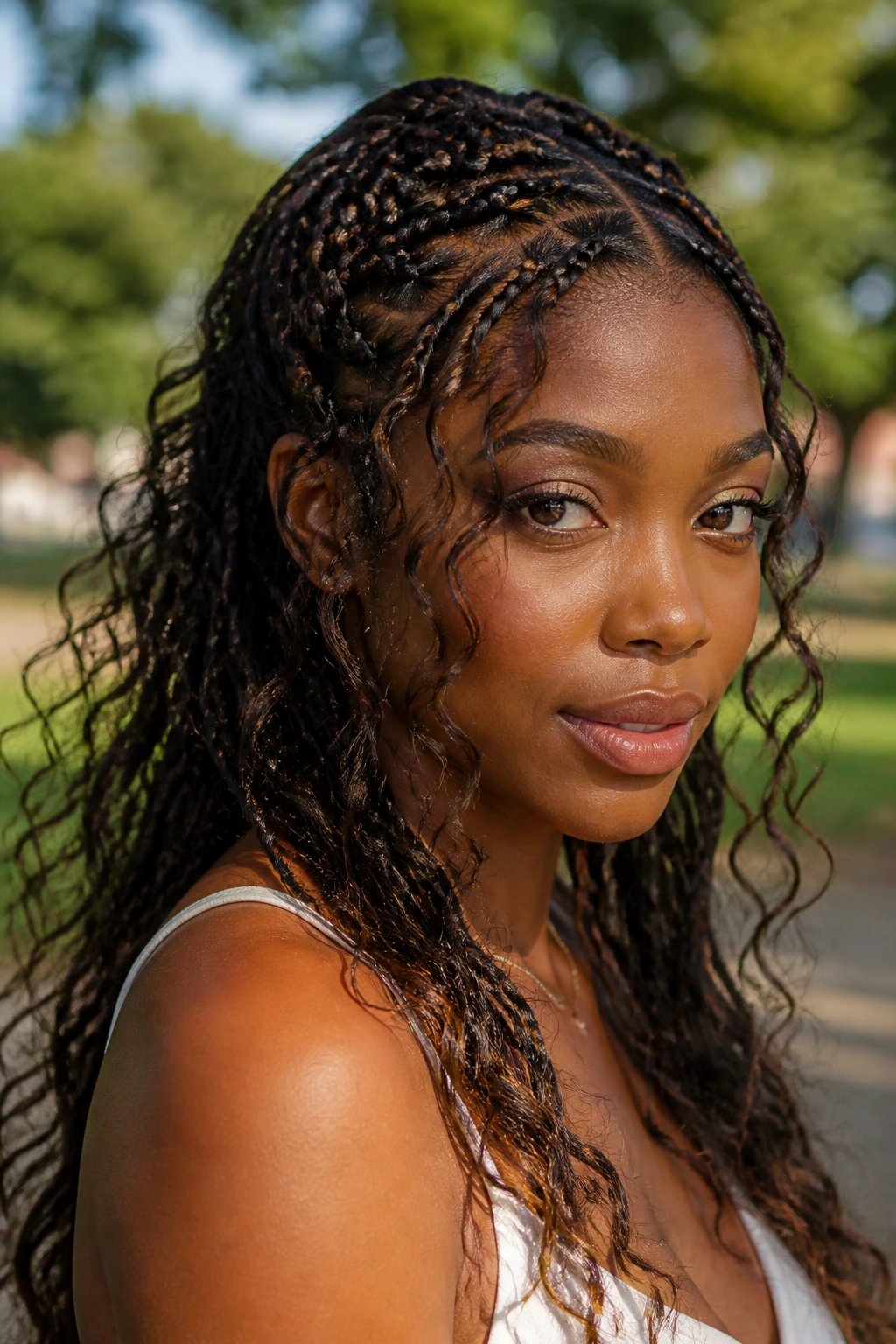 Close-up of real woman with boho braids and loose curls around face