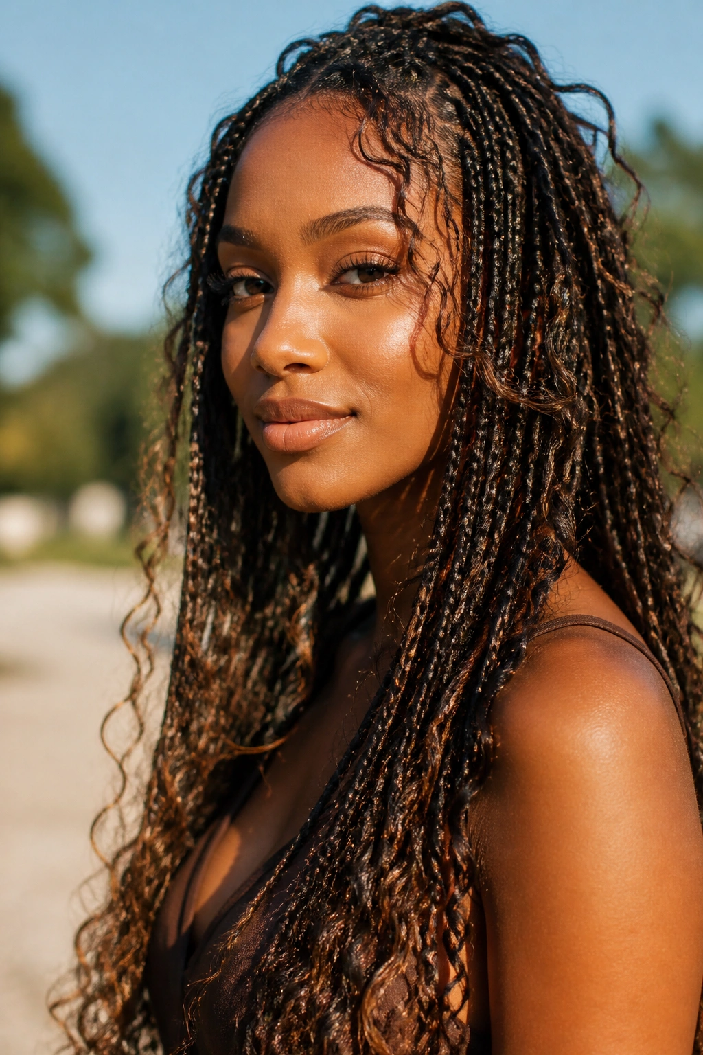Close-up of a real Black woman with boho braids and curly ends