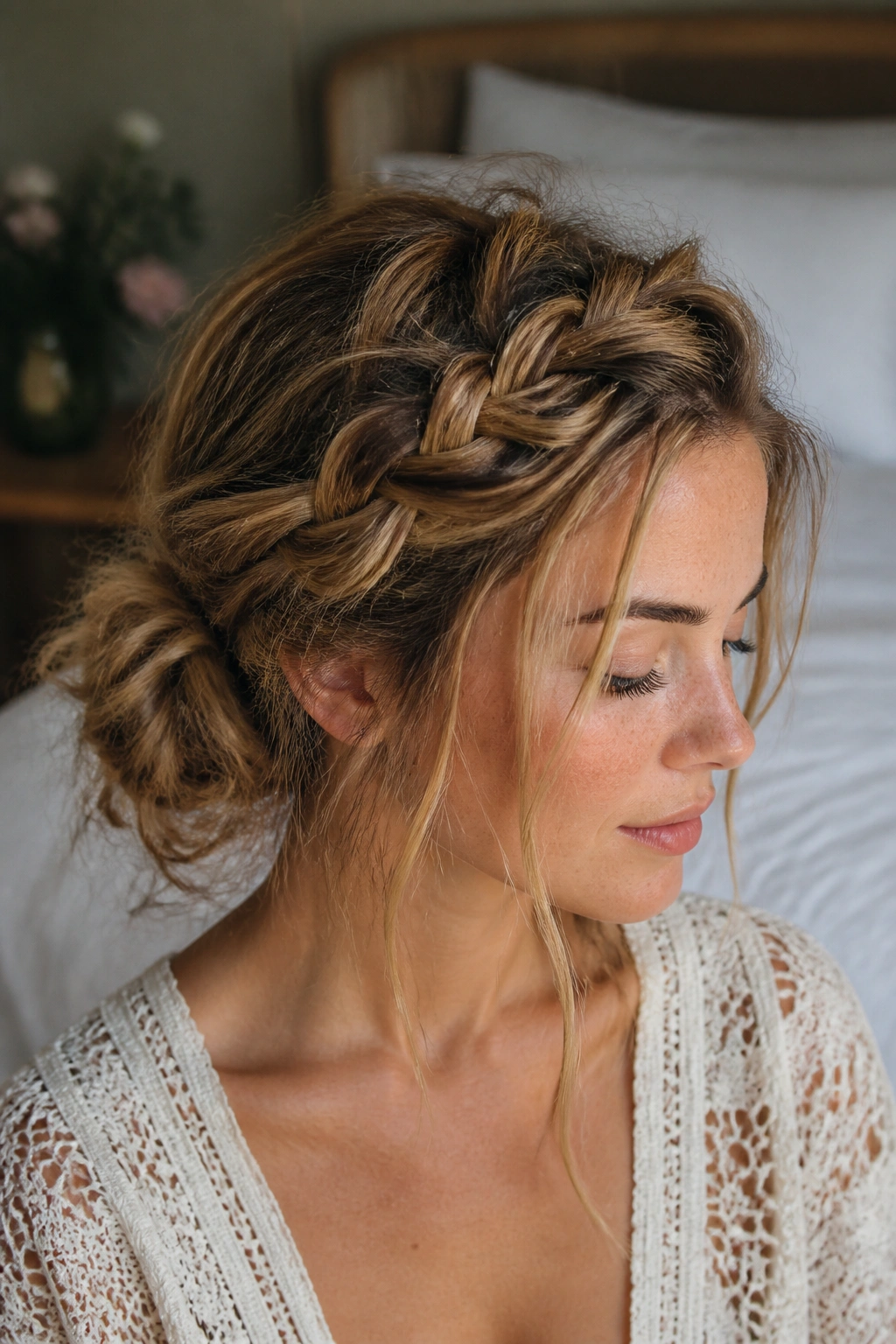 Close-up of a messy boho crown braid bun on a real woman
