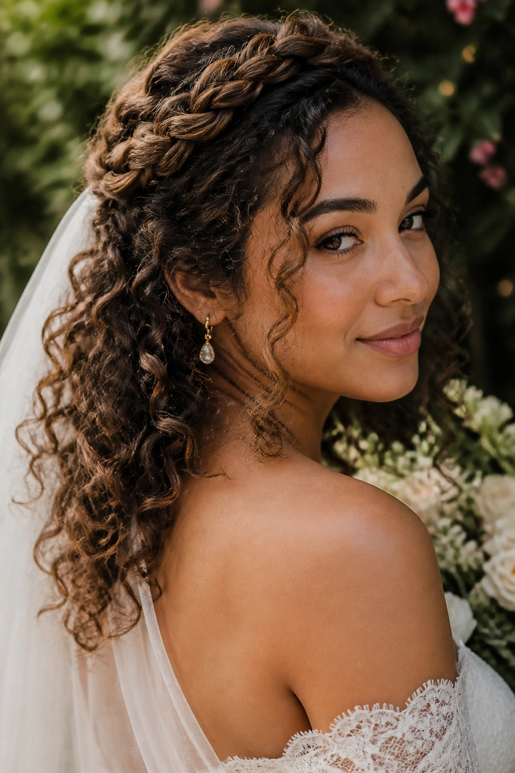 Bride wearing boho crown braid on natural curls