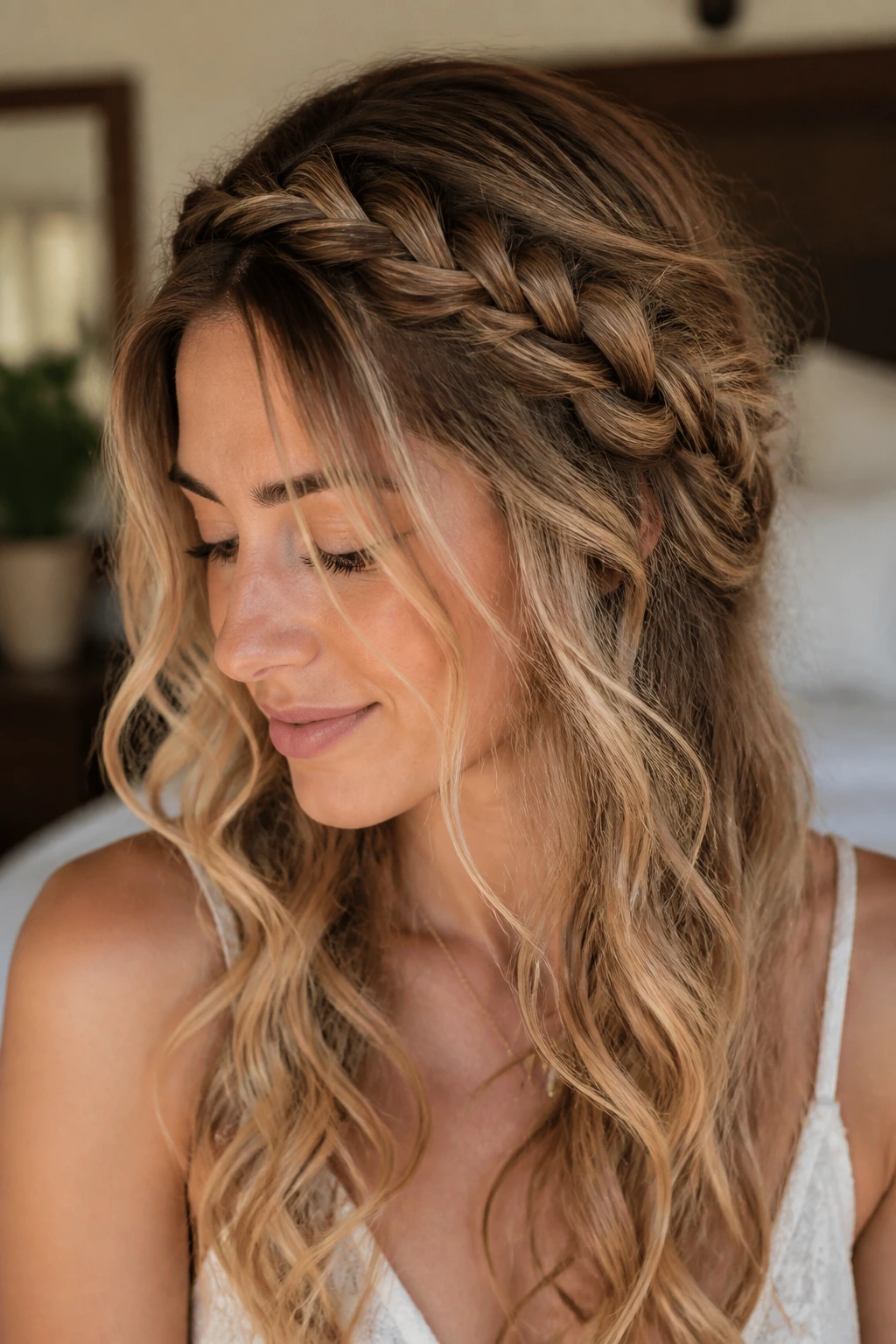 Close-up of a woman with a boho crown braid and soft loose waves.