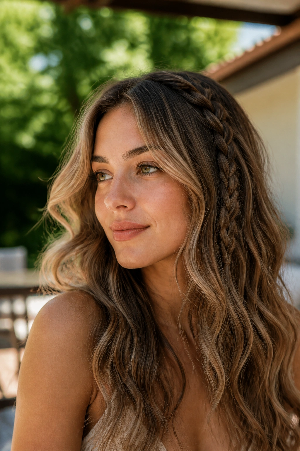 Woman with boho loose curls and a small temple braid.