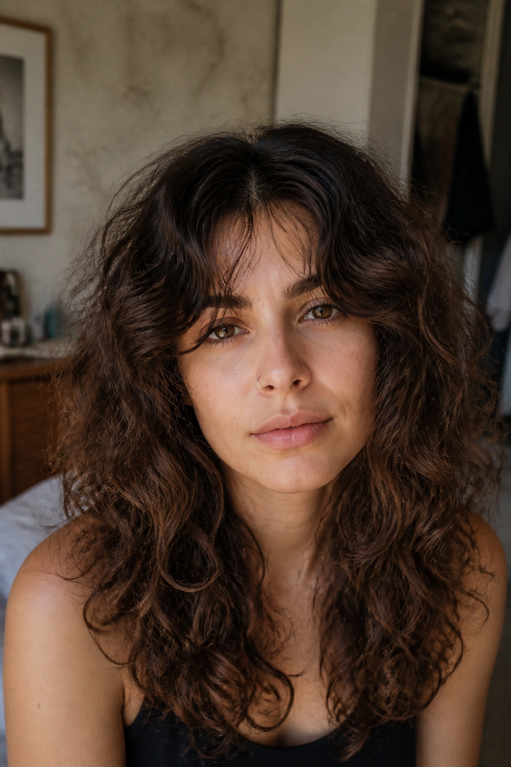 Close-up of a real woman with boho curly shag, center part and wispy fringe in warm bedroom light