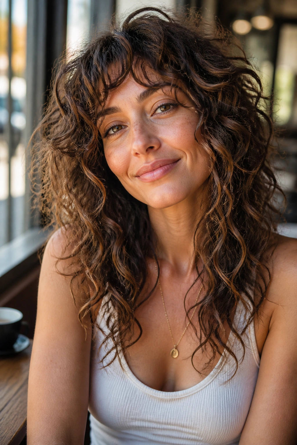 Close-up of a real woman with boho curly shag piecey ends in sunlit cafe light