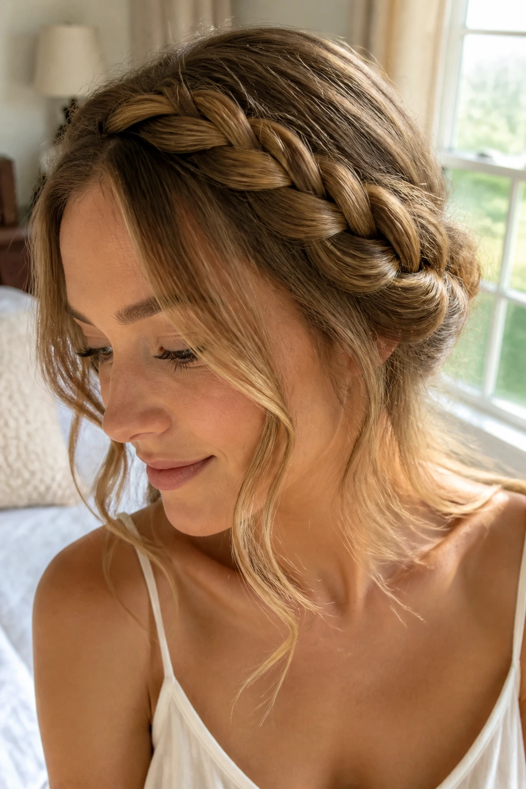 Close-up portrait of a real woman with a loose crown braid halo around her head in a sunlit room