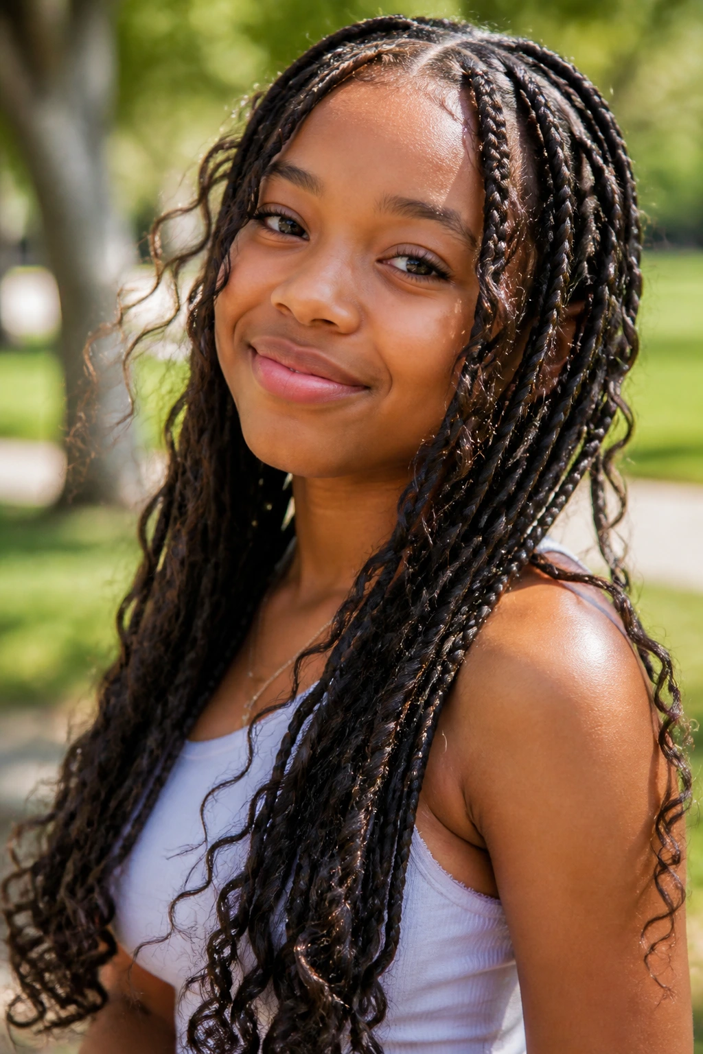 Teen girl boho knotless braids with soft curly pieces
