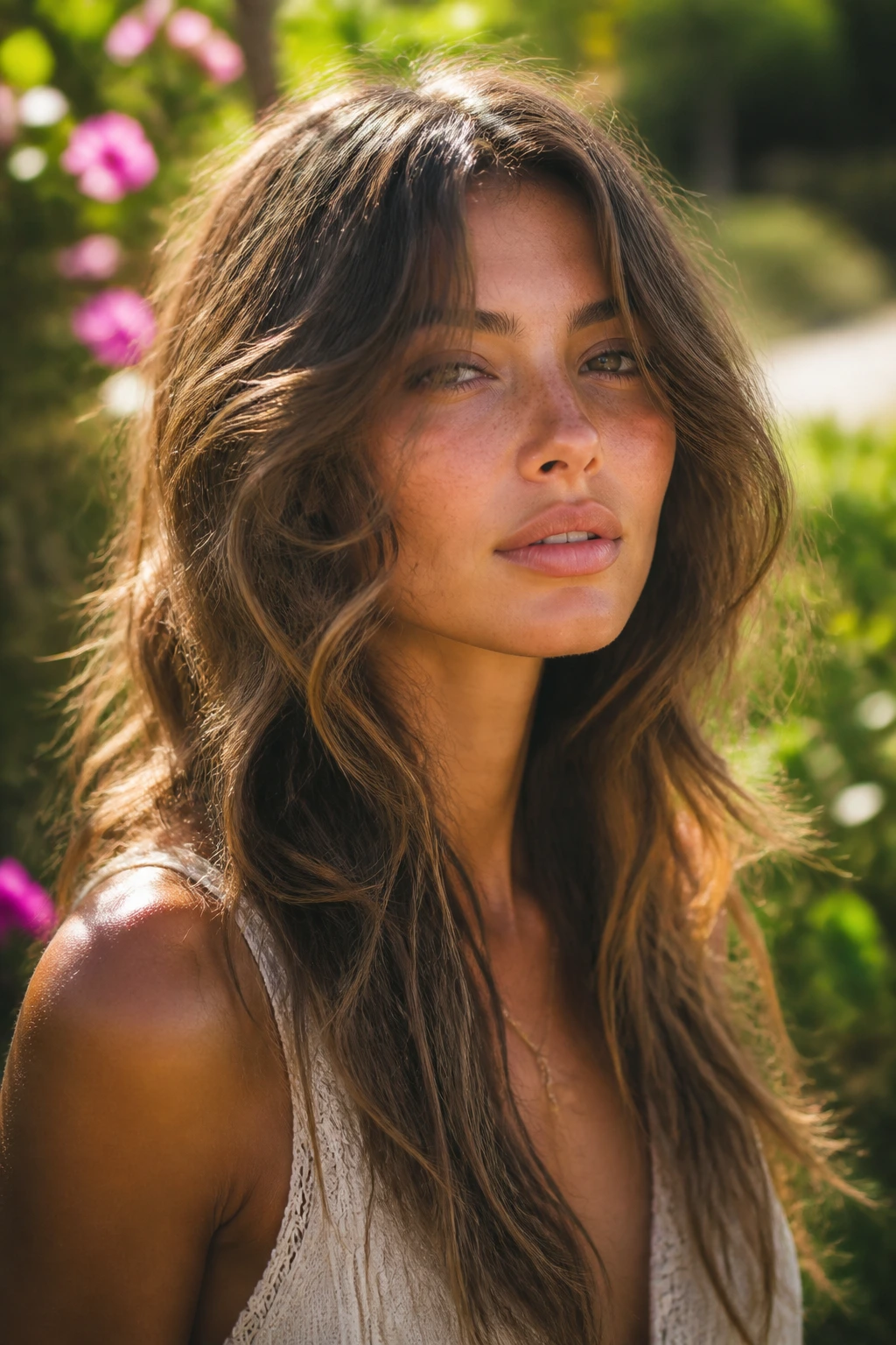 Close-up of a real woman with long wavy hair showing boho layers in a sunlit garden