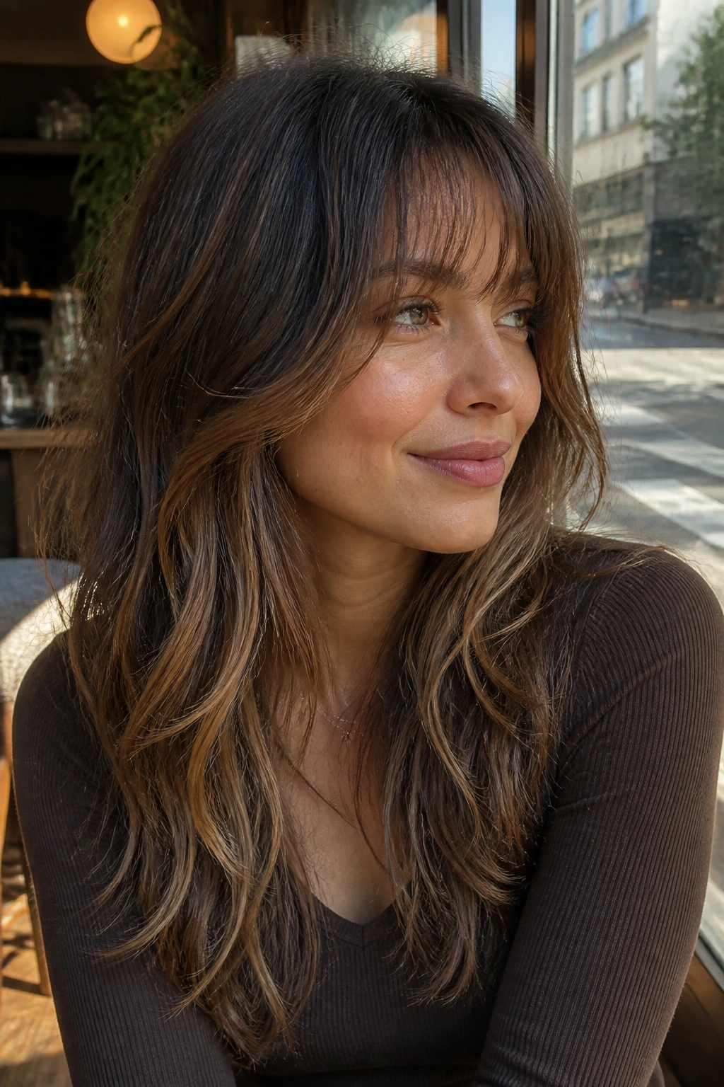 Close-up portrait of a real woman with long boho layers and see-through bangs in natural daylight at a cafe window