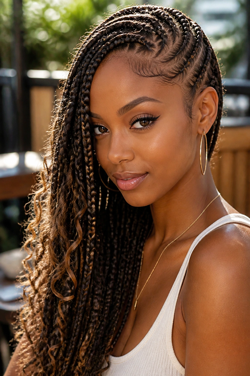 Close-up of boho lemonade braids with loose curls on a real woman