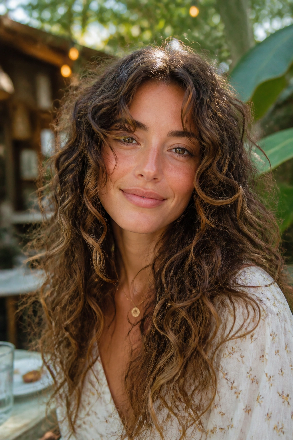 Close-up of a real woman with boho long curly shag hairstyle in warm outdoor light
