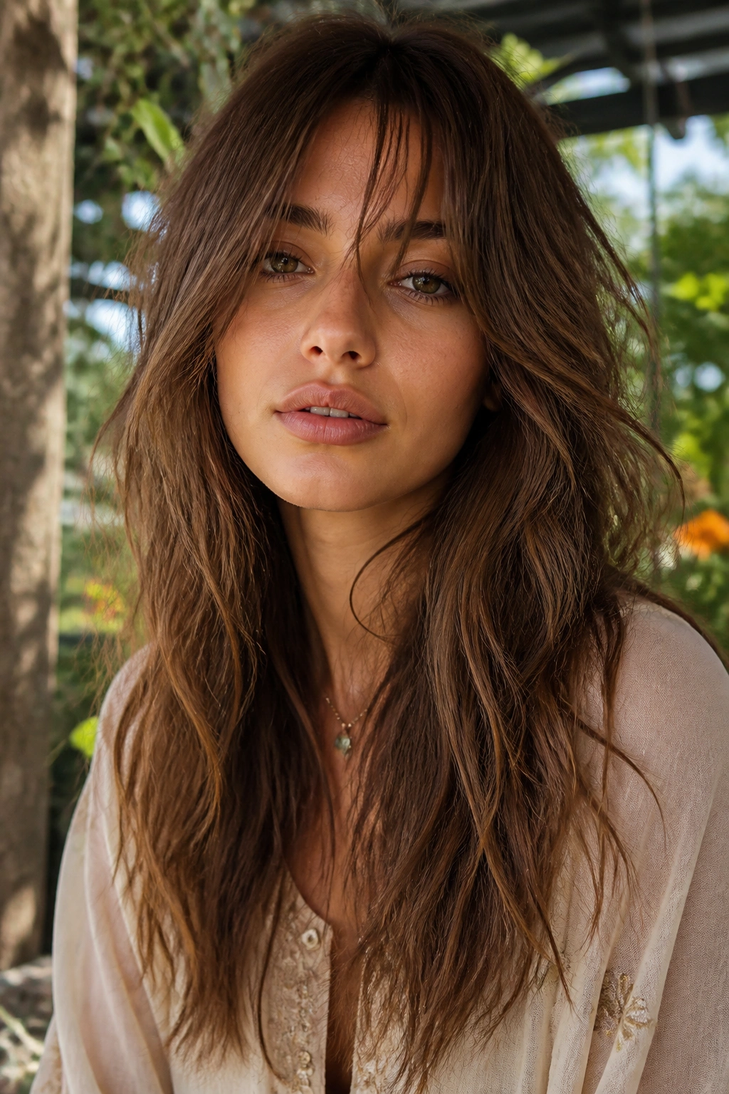 Close-up portrait of a real woman with boho long shag and wispy fringe in a sunlit garden.