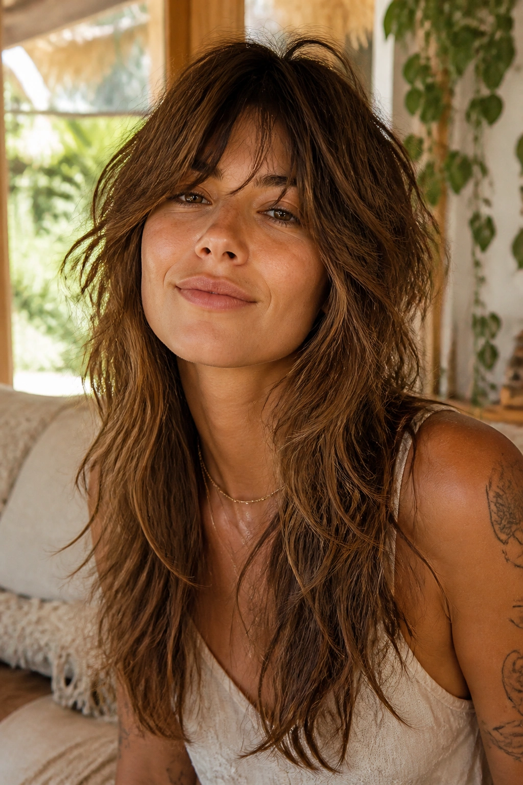 Close-up portrait of a real woman with boho long shag featuring loose layers and feathered fringe in a sunlit setting
