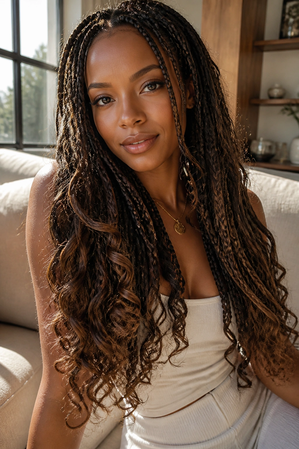 Close-up of a real woman with boho micro braids ending in loose curls.