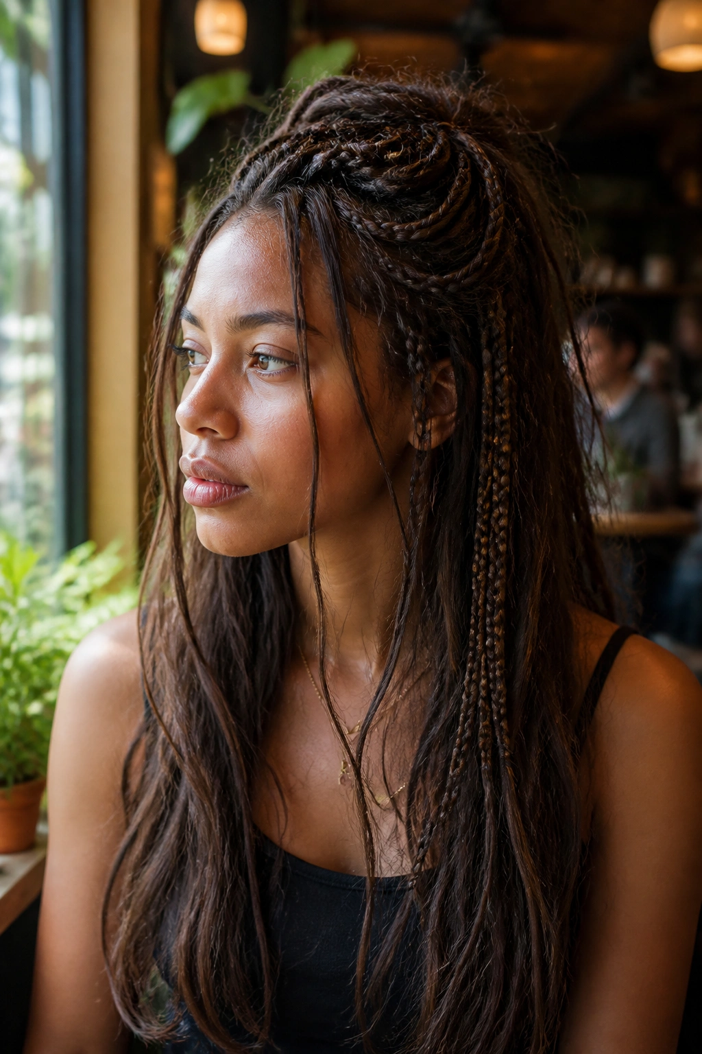 Real woman with boho mini braids in a half-up half-down hairstyle
