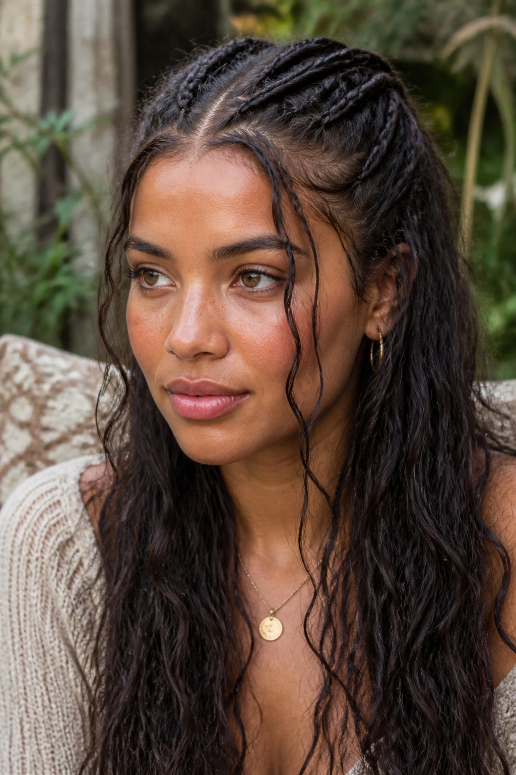 Close-up of a woman with three tiny boho braids and loose tendrils.