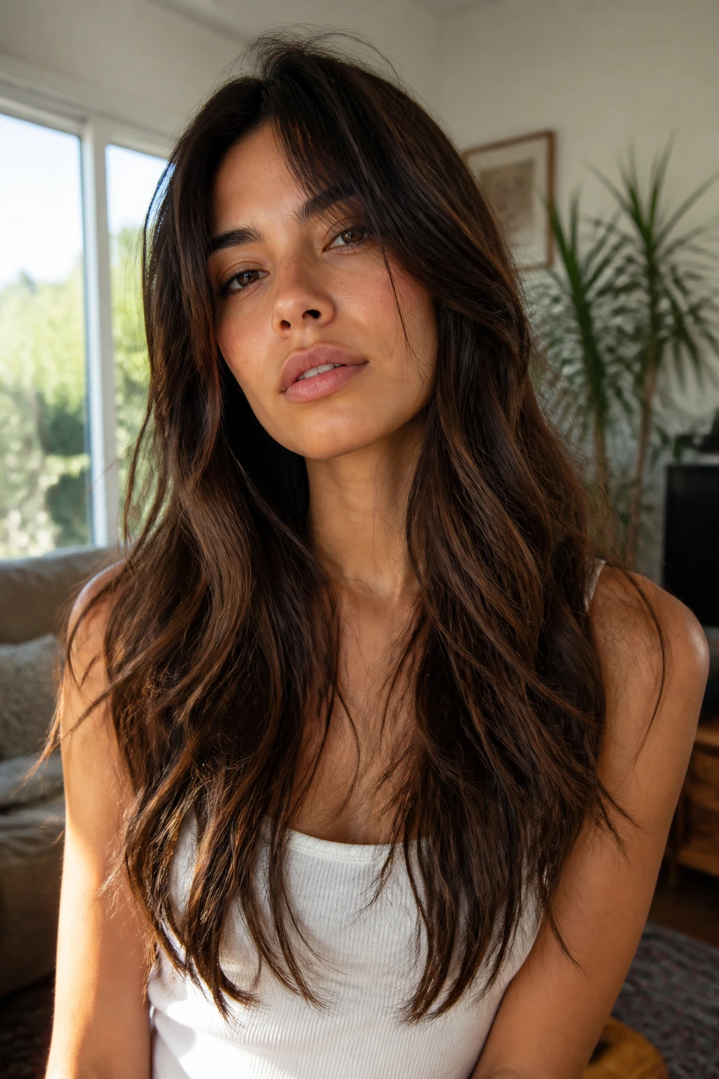 Medium close-up of a real woman with Boho Shag Invisible Layers in sunlit room
