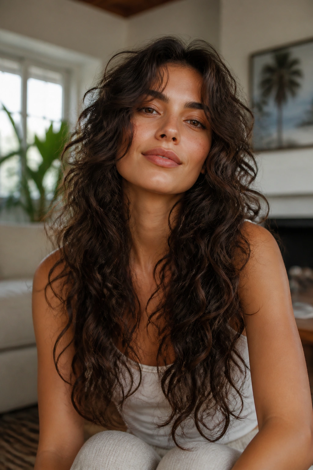 Close-up of a woman with long layered boho shag curls in a cozy living room.