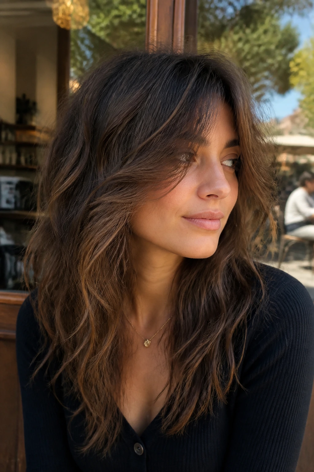 Portrait of a real person with boho shag and long face-framing layers in natural light.