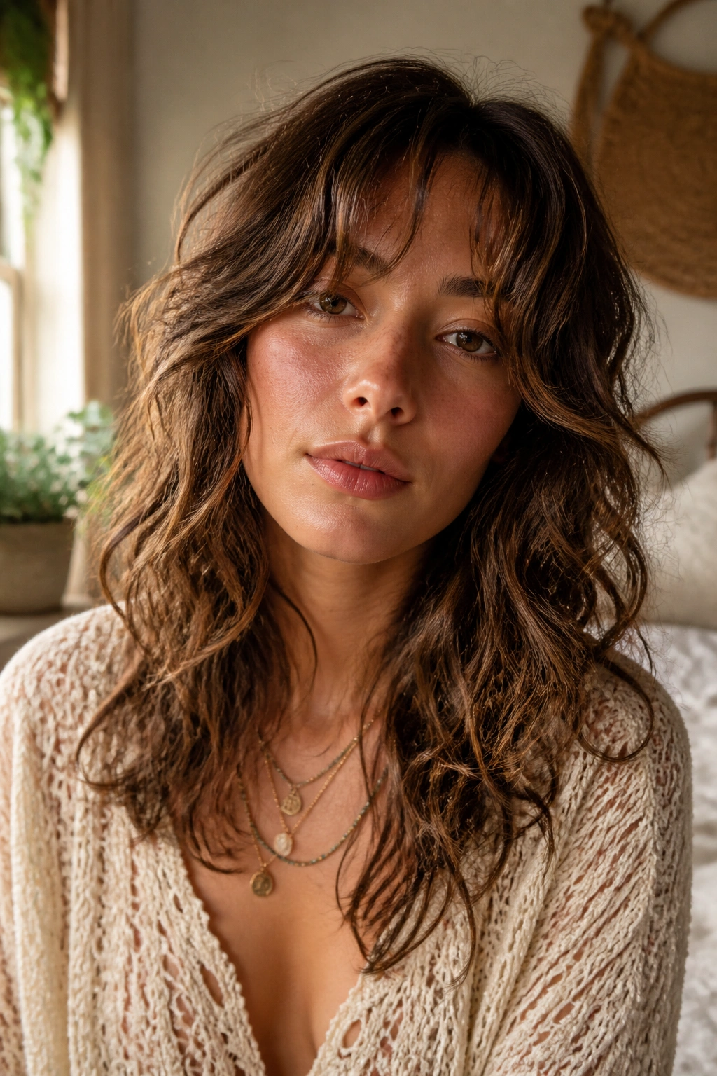 Close-up of a real woman with boho shag perm featuring separated waves around the face