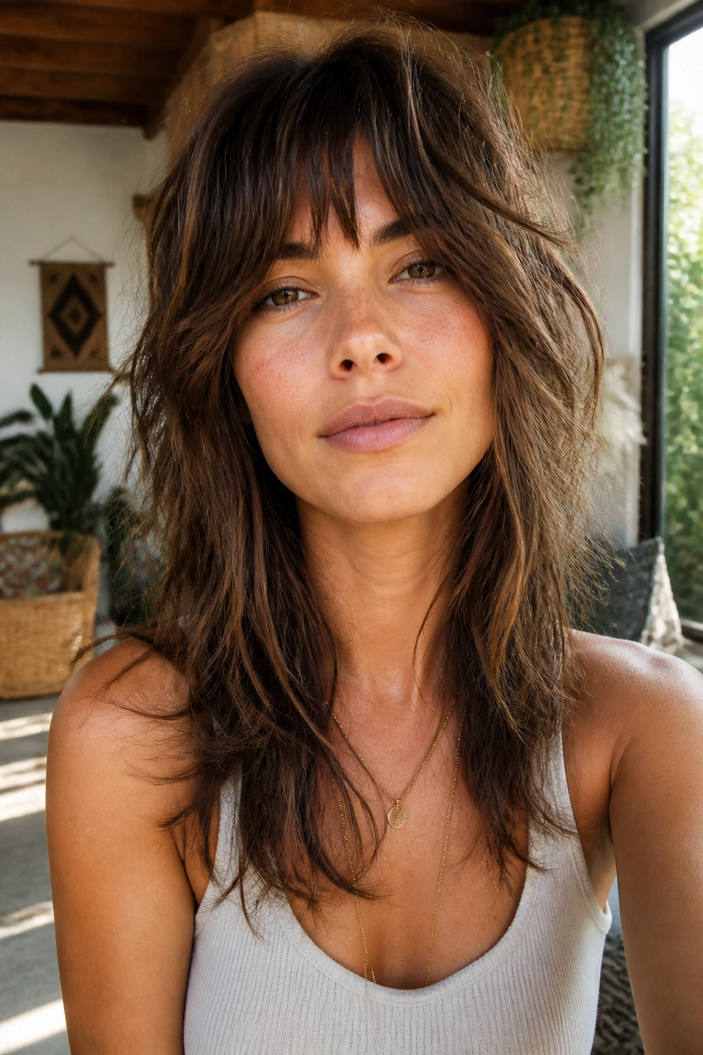 Close-up of a real woman with a soft texture boho shag in a sunlit room.