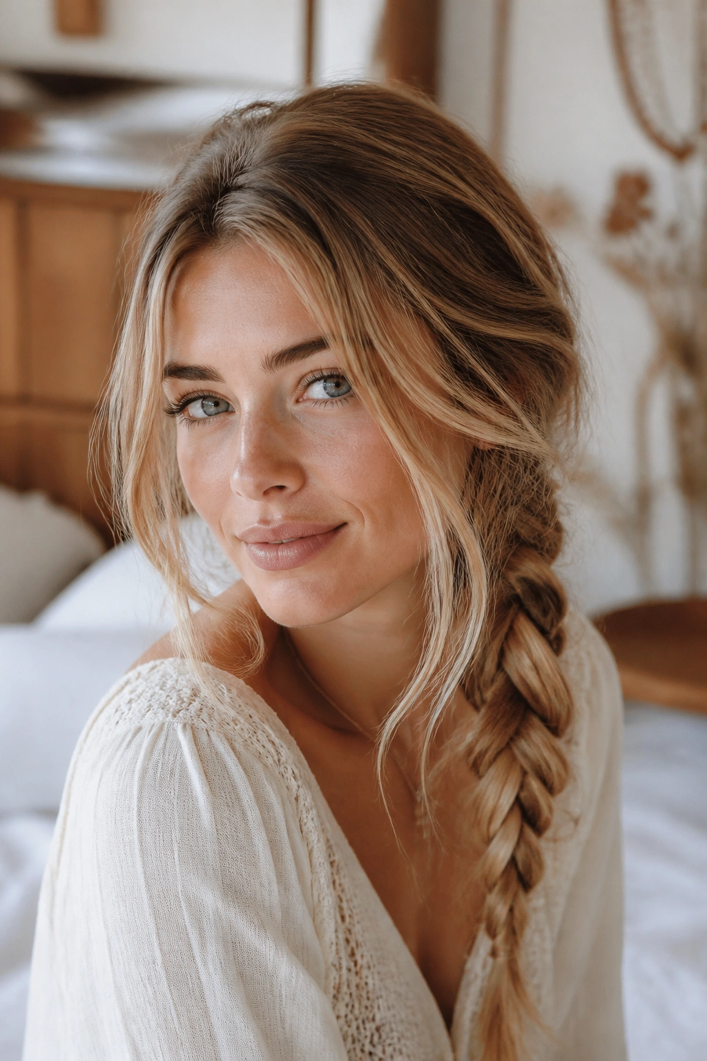 Close-up of a woman with a boho side braid and soft face-framing strands