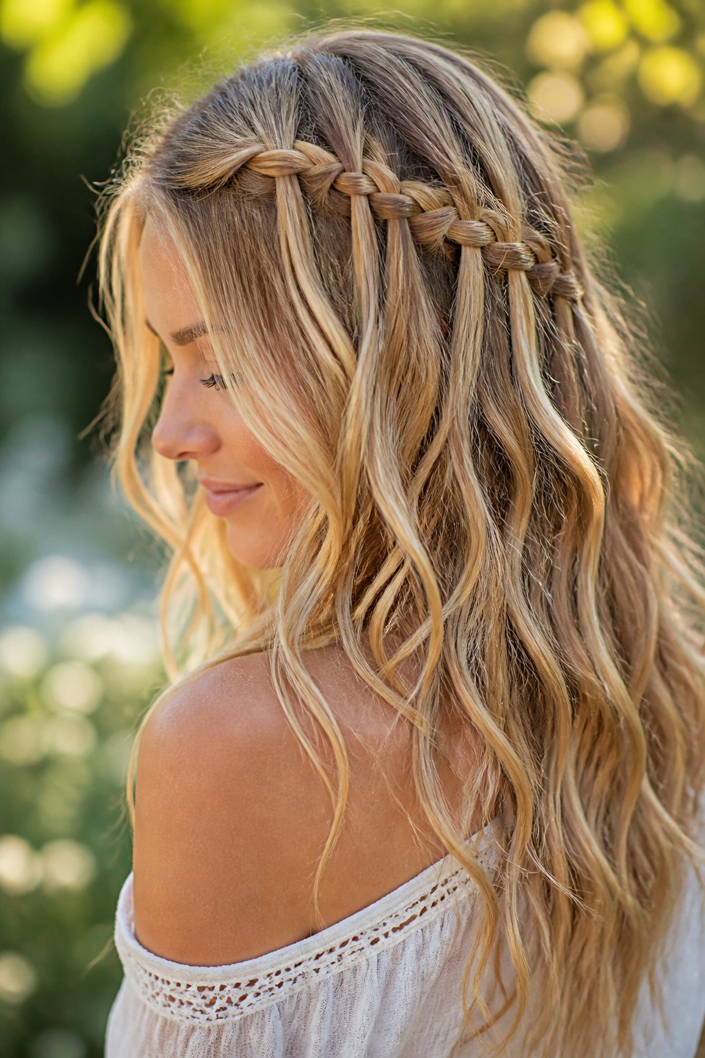Close-up portrait of a real woman with Boho Waterfall Braid and loose waves